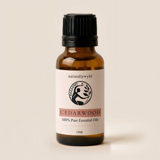 Amber 18ml dropper bottle of Naturally Wyld Pure Cedarwood Essential Oil with terracotta rose label