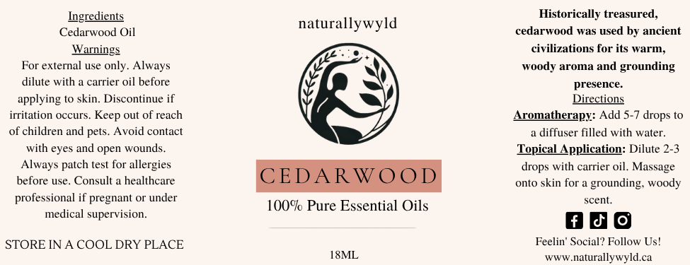 Pure Cedarwood Essential Oil label in terracotta rose for the Naturally Wyld 18ml amber bottle