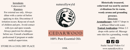 Pure Cedarwood Essential Oil label in terracotta rose for the Naturally Wyld 18ml amber bottle