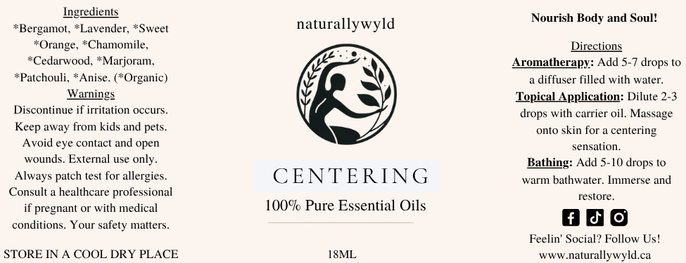 Centering essential oil blend label in pale ice blue for the Naturally Wyld 18ml amber bottle