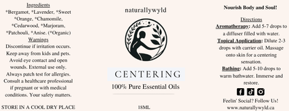Centering essential oil blend label in pale ice blue for the Naturally Wyld 18ml amber bottle