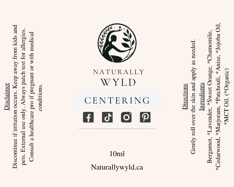 Centering essential oil roll-on label with full ingredients list by Naturally Wyld