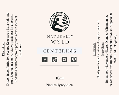 Centering essential oil roll-on label with full ingredients list by Naturally Wyld