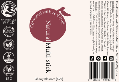 Label for Cherry Blossom Natural Multi-Stick by Naturally Wyld – luminous rose vegan makeup for lips, cheeks, and eyes.
