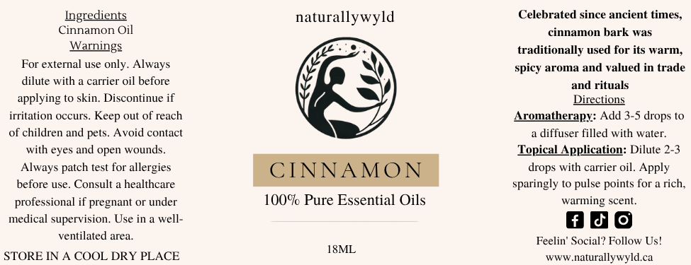 Pure Cinnamon Essential Oil label in warm camel tan for the Naturally Wyld 18ml amber bottle