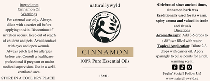 Pure Cinnamon Essential Oil label in warm camel tan for the Naturally Wyld 18ml amber bottle