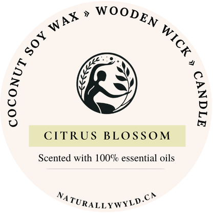 Citrus Blossom candle lid label — coconut soy wax wooden wick, scented with essential oils