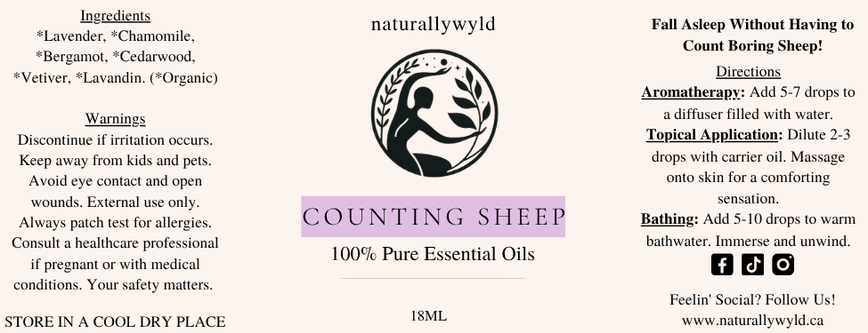 Counting Sheep essential oil sleep blend label in light lilac for the Naturally Wyld 18ml amber bottle