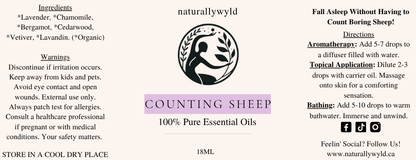 Counting Sheep essential oil sleep blend label in light lilac for the Naturally Wyld 18ml amber bottle