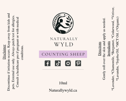 Counting Sheep essential oil roll-on label with full ingredients list by Naturally Wyld