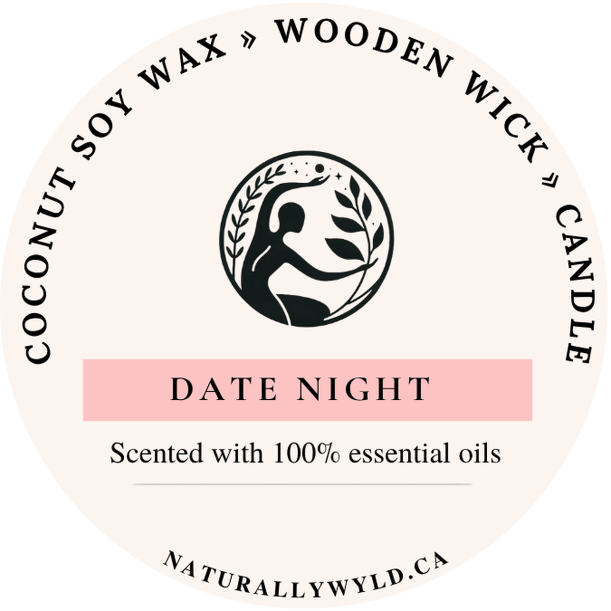 Date Night candle lid label — coconut soy wax wooden wick, scented with essential oils