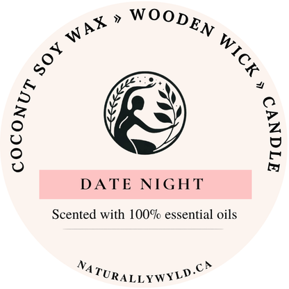 Date Night candle lid label — coconut soy wax wooden wick, scented with essential oils