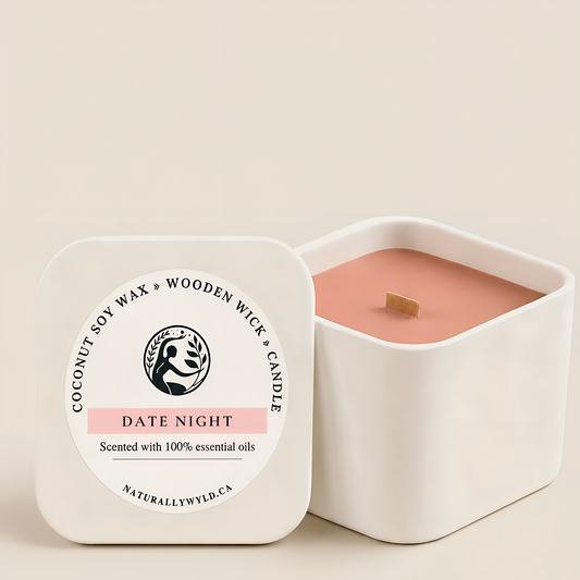 Date Night coconut soy wax wooden wick candle in 8oz white tin by Naturally Wyld