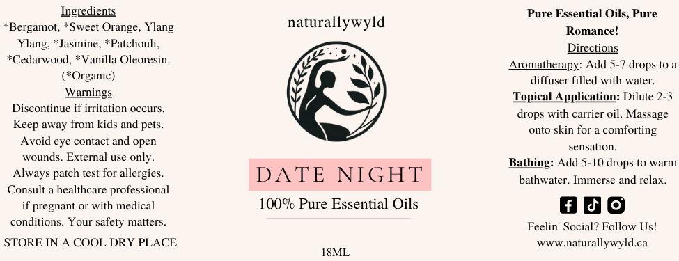 Date Night essential oil blend label in soft blush pink for the Naturally Wyld 18ml amber bottle