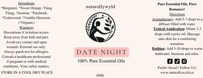 Date Night essential oil blend label in soft blush pink for the Naturally Wyld 18ml amber bottle