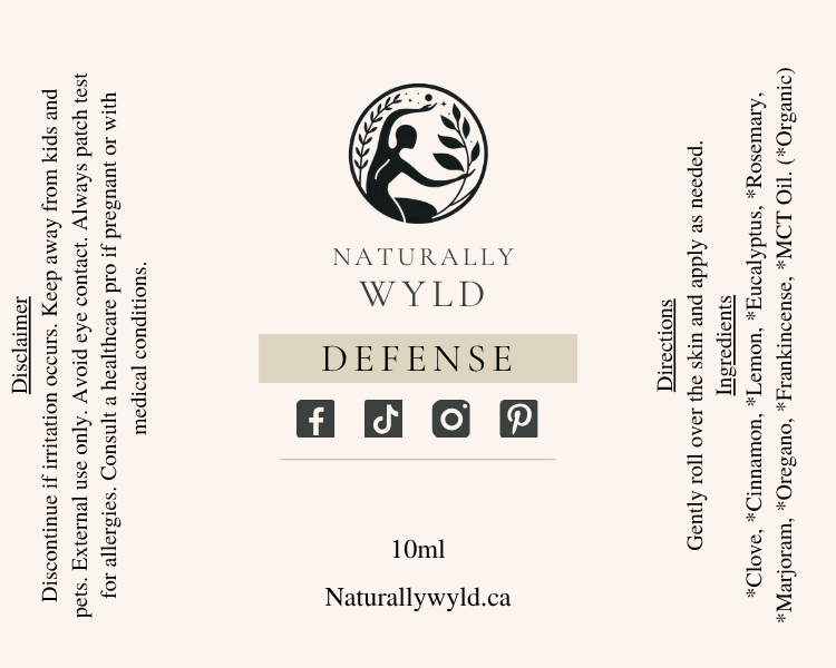 Defence essential oil roll-on label with full ingredients list by Naturally Wyld