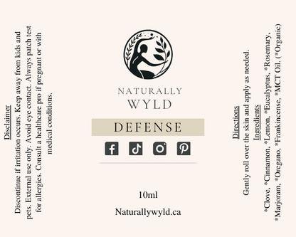 Defence essential oil roll-on label with full ingredients list by Naturally Wyld