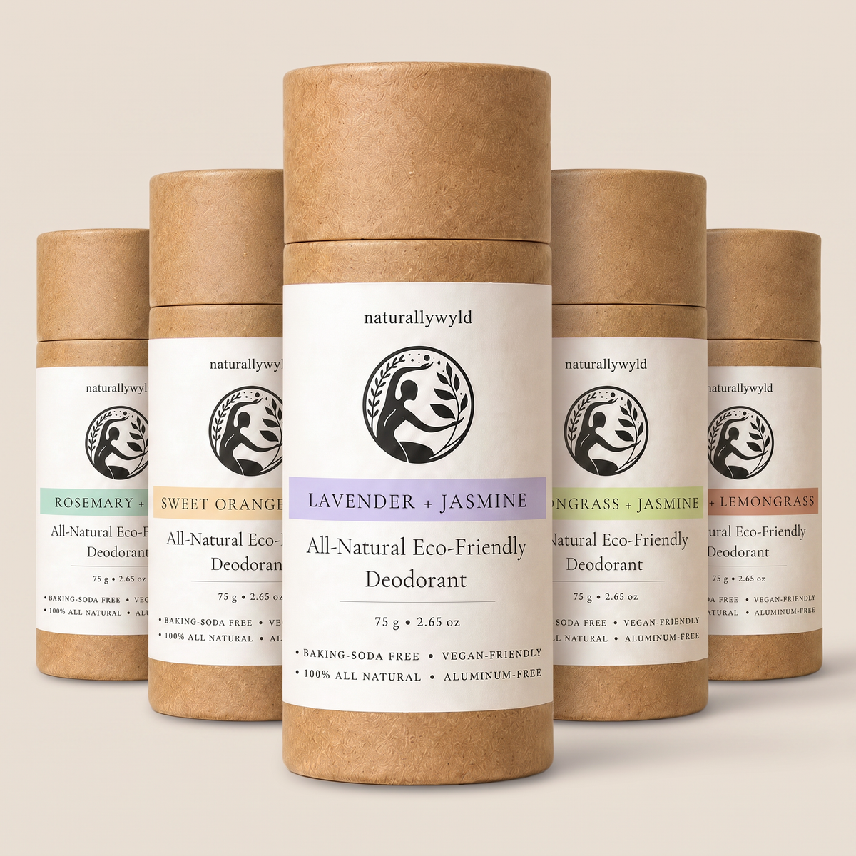 Gift set of five all-natural baking-soda-free deodorants in kraft tubes by Naturally Wyld