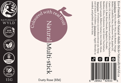 Dusty Rose Multi-Stick label — all-natural vegan makeup for lips, cheeks, and eyes