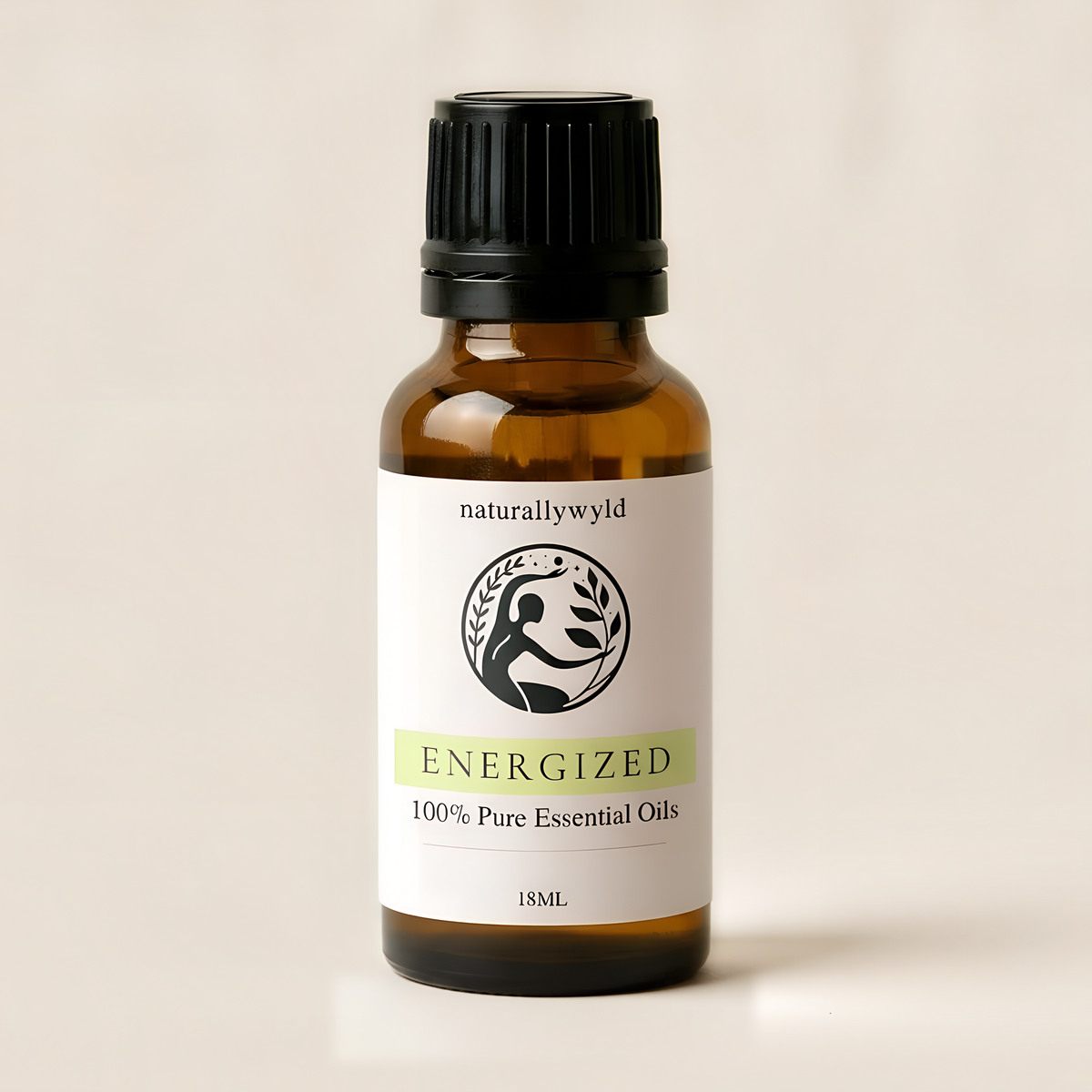 Amber 18ml dropper bottle of Naturally Wyld Energized essential oil blend with chartreuse green label