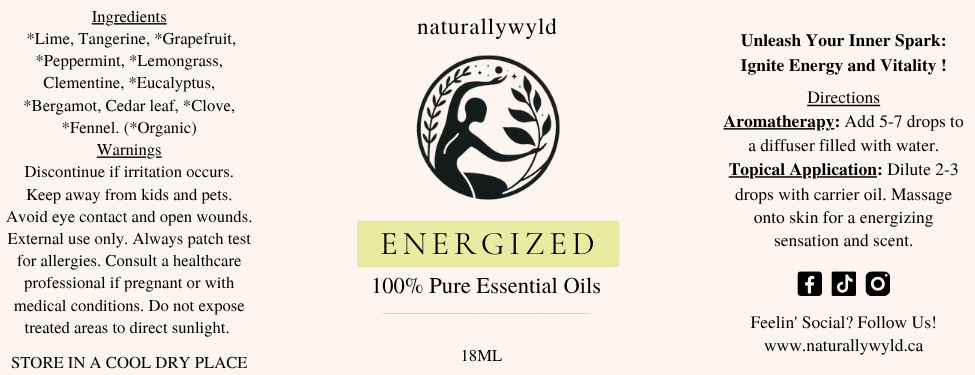 Energized essential oil blend label in chartreuse green for the Naturally Wyld 18ml amber bottle