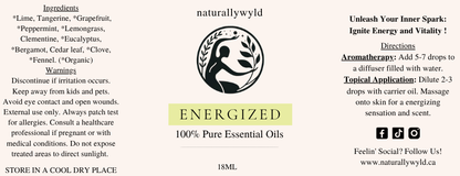 Energized essential oil blend label in chartreuse green for the Naturally Wyld 18ml amber bottle