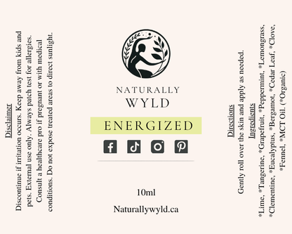 Energized essential oil roll-on label with full ingredients list by Naturally Wyld