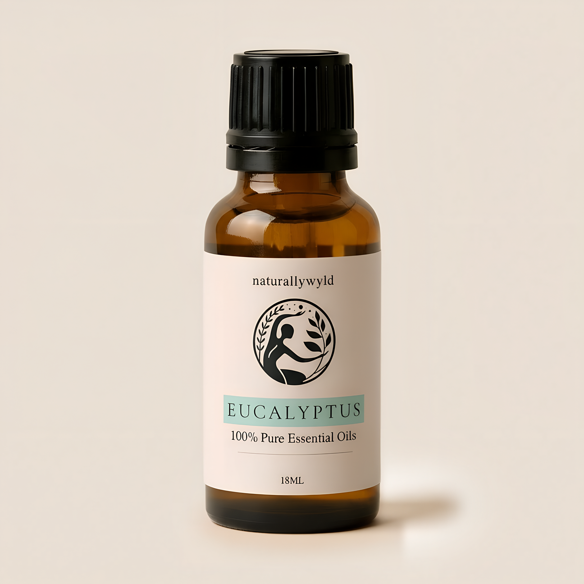 Amber 18ml dropper bottle of Naturally Wyld Pure Eucalyptus Essential Oil with soft aqua teal label