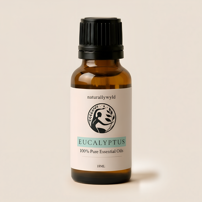 Amber 18ml dropper bottle of Naturally Wyld Pure Eucalyptus Essential Oil with soft aqua teal label