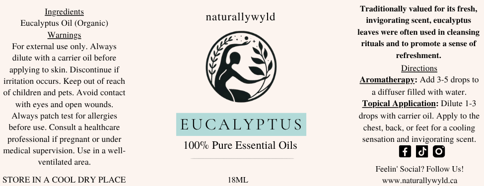 Pure Eucalyptus Essential Oil label in soft aqua teal for the Naturally Wyld 18ml amber bottle