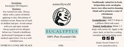 Pure Eucalyptus Essential Oil label in soft aqua teal for the Naturally Wyld 18ml amber bottle