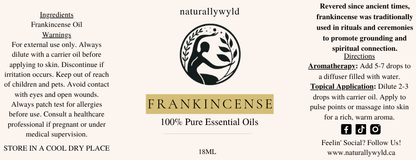 Pure Frankincense Essential Oil label in antique gold for the Naturally Wyld 18ml amber bottle