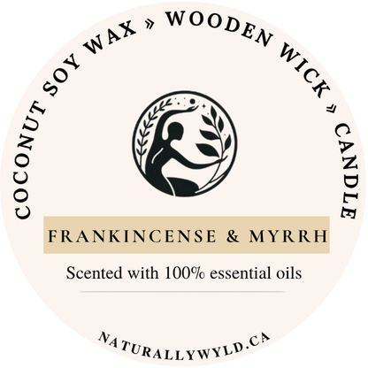 Frankincense & Myrrh candle lid label — coconut soy wax wooden wick, scented with essential oils