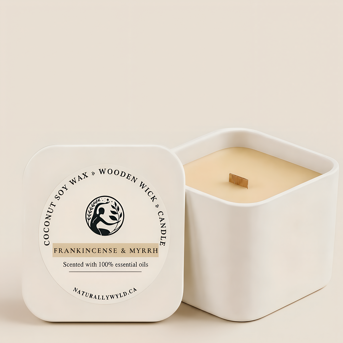 Frankincense & Myrrh coconut soy wax wooden wick candle in 8oz white tin by Naturally Wyld