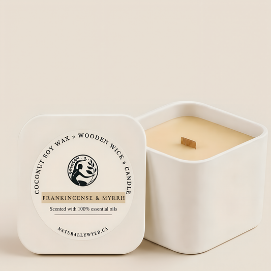 Frankincense & Myrrh coconut soy wax wooden wick candle in 8oz white tin by Naturally Wyld