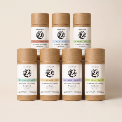 Full collection of seven all-natural baking-soda-free deodorants in kraft tubes by Naturally Wyld