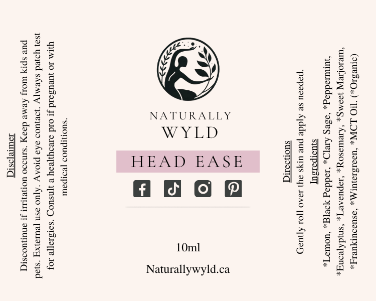 Head Ease essential oil roll-on label with full ingredients list by Naturally Wyld