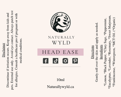 Head Ease essential oil roll-on label with full ingredients list by Naturally Wyld