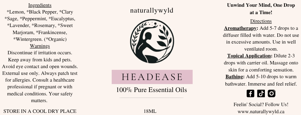Head-Ease essential oil blend label in dusty mauve pink for the Naturally Wyld 18ml amber bottle
