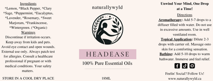 Head-Ease essential oil blend label in dusty mauve pink for the Naturally Wyld 18ml amber bottle