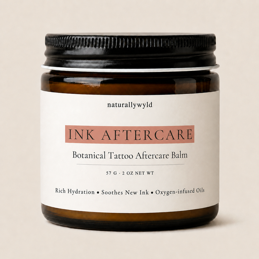 Ink Aftercare ozonated tattoo aftercare balm in 2oz amber jar by Naturally Wyld