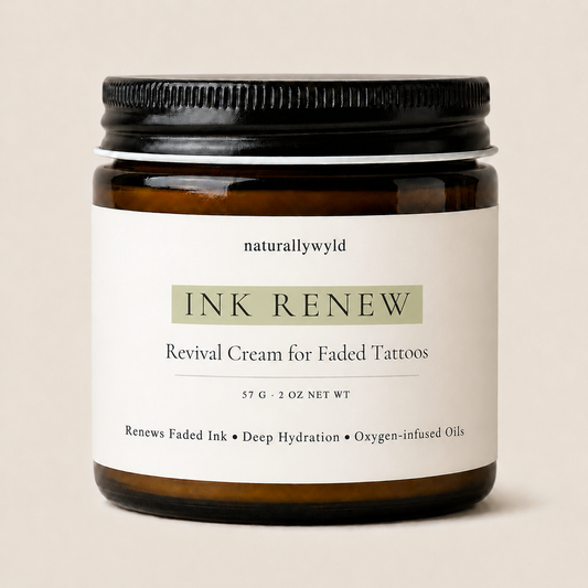 Ink Renew ozonated tattoo revival cream in 2oz amber jar by Naturally Wyld
