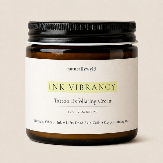 Ink Vibrancy tattoo exfoliating cream in 2oz amber jar by Naturally Wyld