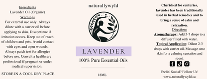 Pure Lavender Essential Oil label in soft lavender purple for the Naturally Wyld 18ml amber bottle