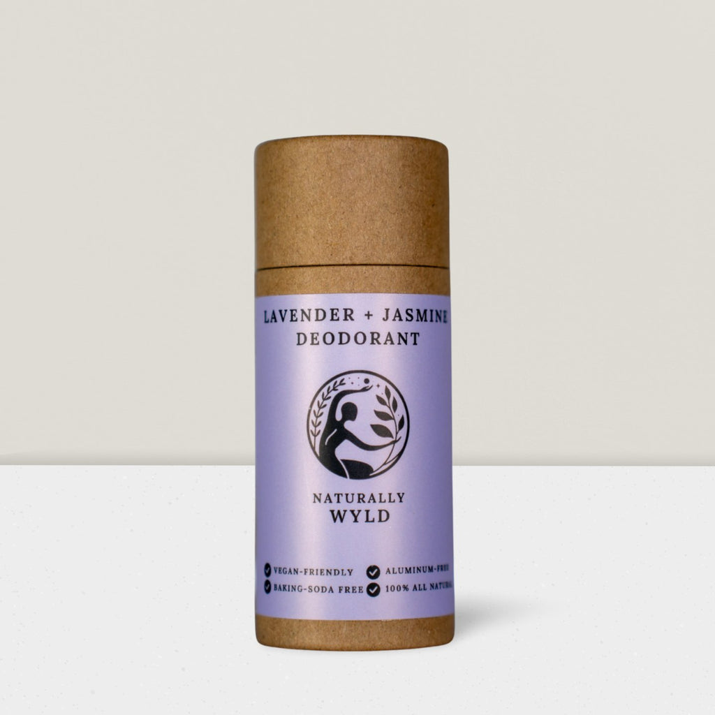 All Natural Naturally Wyld Lavender Jasmine Deodorant, vegan, cruelty free, aluminum free, front label, eco friendly plastic free tubes