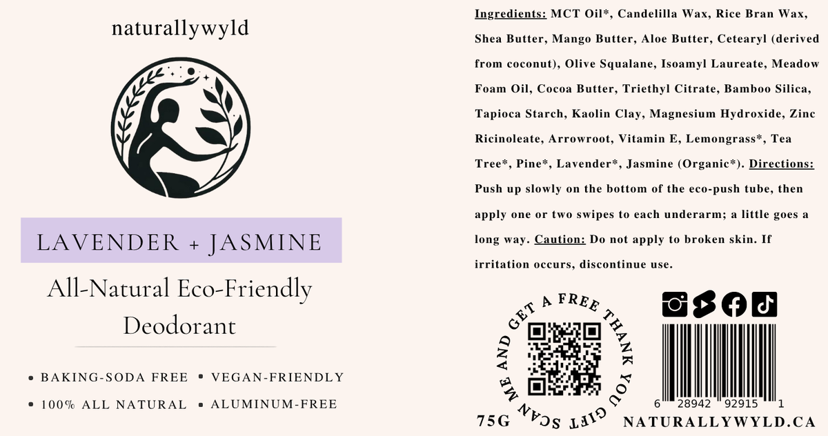 Lavender and Jasmine natural deodorant label with full ingredients list by Naturally Wyld