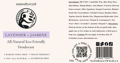 Lavender and Jasmine natural deodorant label with full ingredients list by Naturally Wyld
