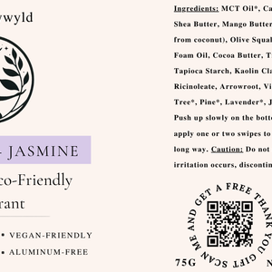 Lavender and Jasmine natural deodorant label with full ingredients list by Naturally Wyld