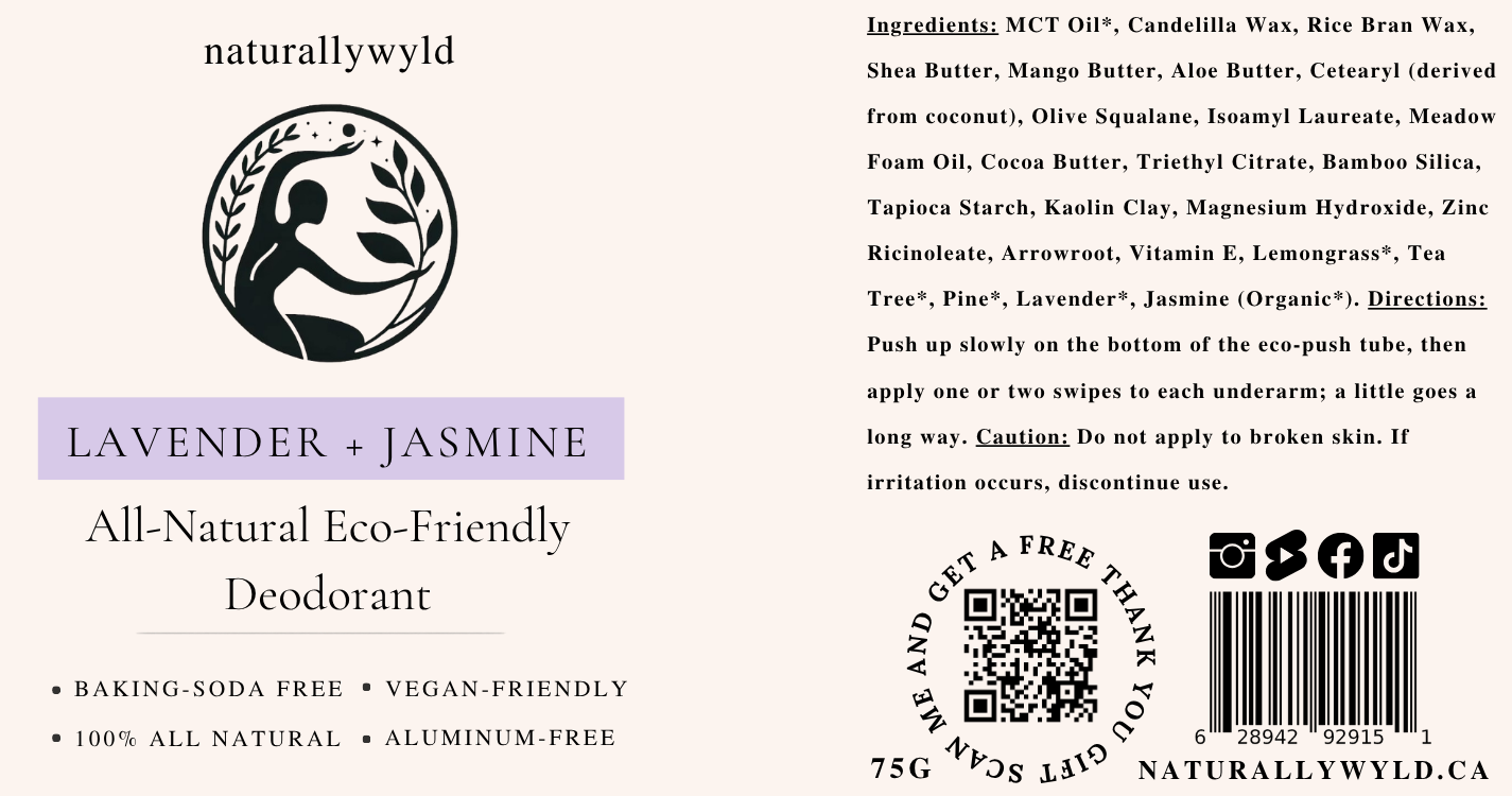 Lavender and Jasmine natural deodorant label with full ingredients list by Naturally Wyld