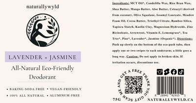 Lavender and Jasmine natural deodorant label with full ingredients list by Naturally Wyld